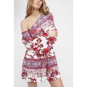 Free People Mini Dress Sz MED Modern Nomad Off-Shoulder Floral Boho Bell Sleeve‎
